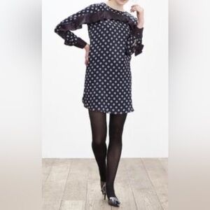 Banana Republic Navy Silk Dress with Geometric Red & White Pattern.